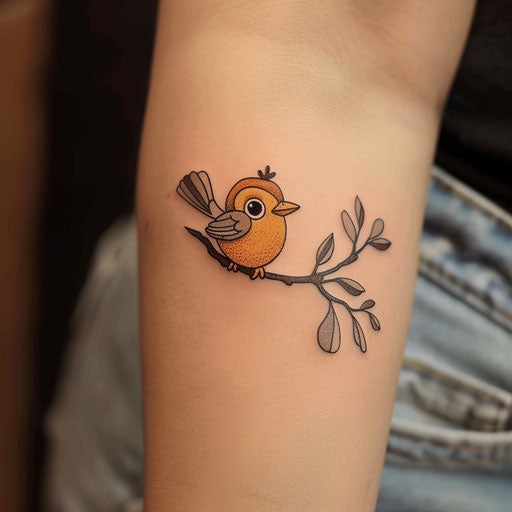 Tiny tattoos for women in the style of Steve Sack featuring a humorous bird cartoon