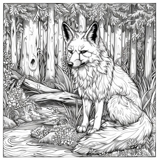 Fox in a lush, detailed forest coloring book page