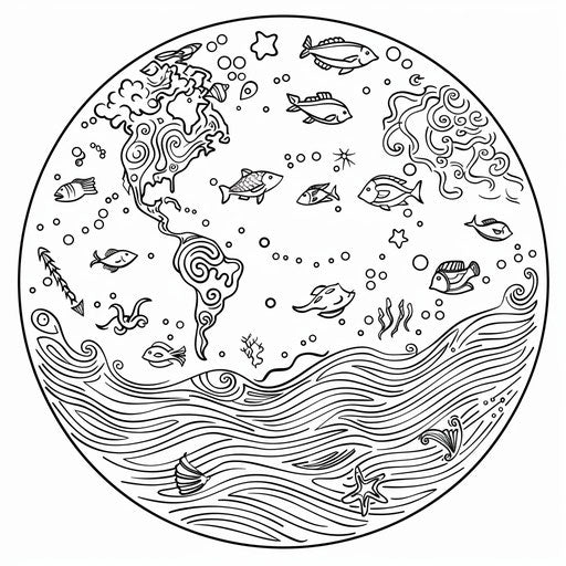 Marine life and waves in a simple earth coloring page