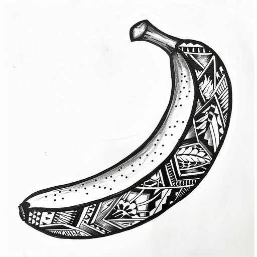 Exotic flat tattoo sketch of a banana with traditional Polynesian tattoo patterns