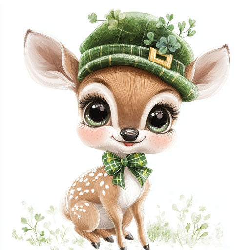 St. Patrick's Day baby deer with big eyes wearing a hat