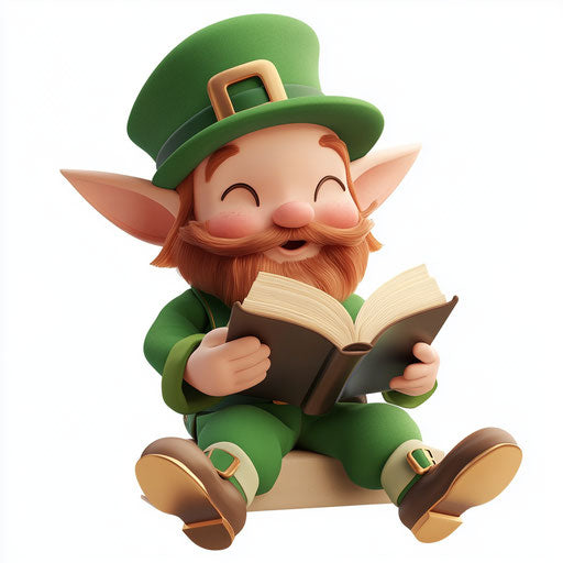 Saint Patrick's Day, a cute leprechaun reading a book