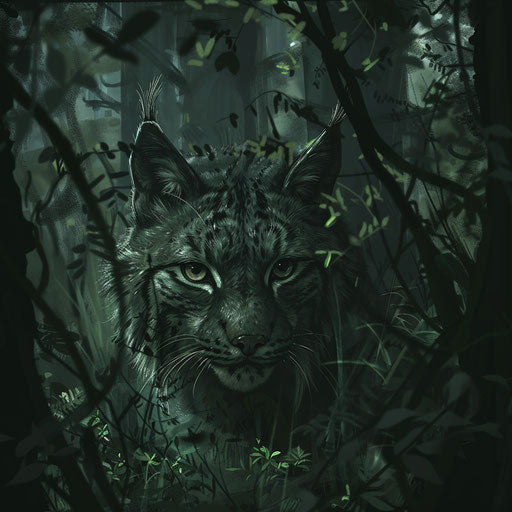 The lynx hidden in the forest shadow, glowing eyes