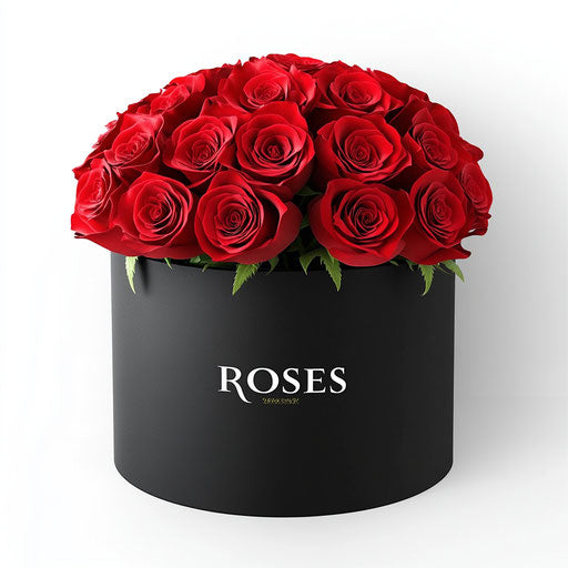 Black round box with red roses, 'ROSES' logo