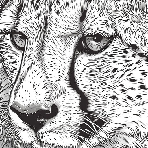 Detailed view of a cheetah's face with distinctive tear marks. Coloring book page
