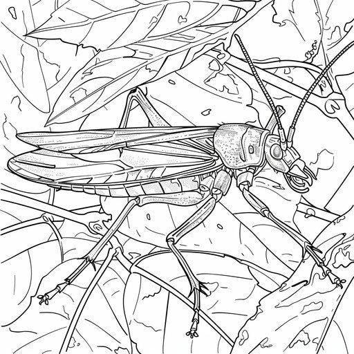 A leaf insect camouflaged on a leaf. Coloring book page