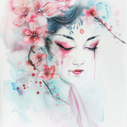 Watercolor painting of a geisha tattoo, soft pastel colors, subtle floral background elements, all on a clean white surface.
