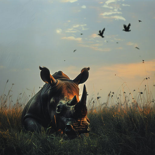 West African black rhinoceros basking in the last light of the day, with birds flying overhead.