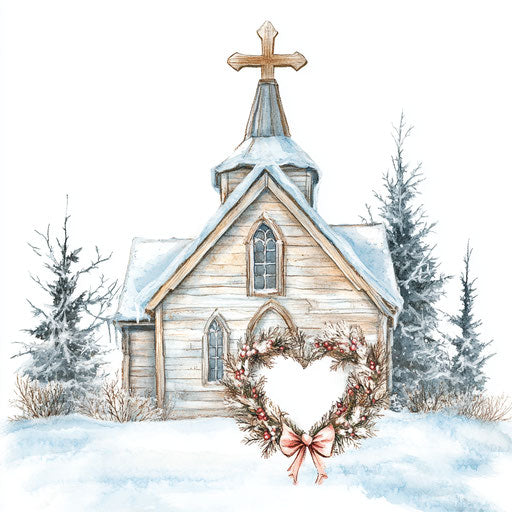 Rustic hand-painted church with old wooden cross and heart-shaped wreath