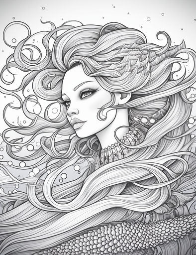 Adult coloring page of a mermaid in ornamental abstraction