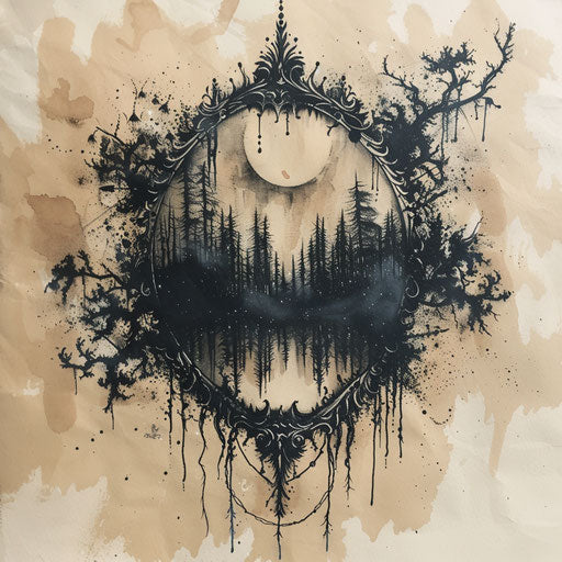 Flat tattoo sketch of an enchanted mirror reflecting a mystical forest scene