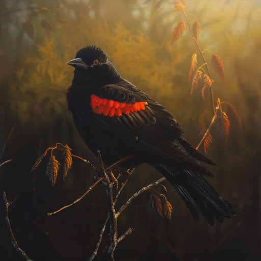 Black bird with red wings in the early morning light, in the style of Paul Souders