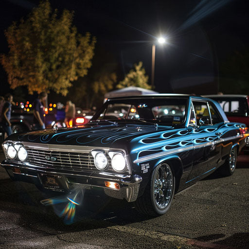 1967 Chevy Bel Air with ghost flames paint job shining under lights at night car meet