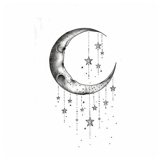 Contemporary design of a delicate crescent moon with falling stars, on white