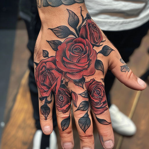 Hand tattoo with dark, mystical roses