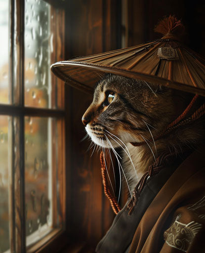 Cat looking out the window with a samurai hat