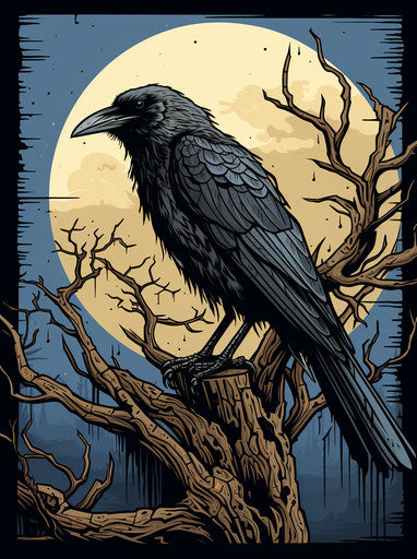Dark gray raven, neotraditional style, colorized, simple ink drawings