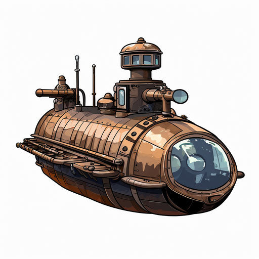 Submarine illustration in the style of chiaroscuro art, on white background