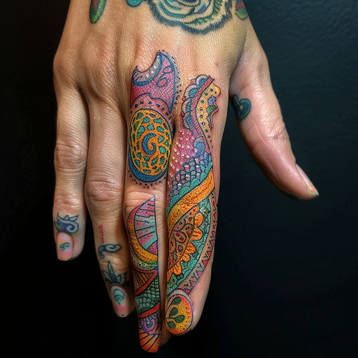 Finger tattoos for women in the style of Guy Aitchison with vibrant, abstract patterns