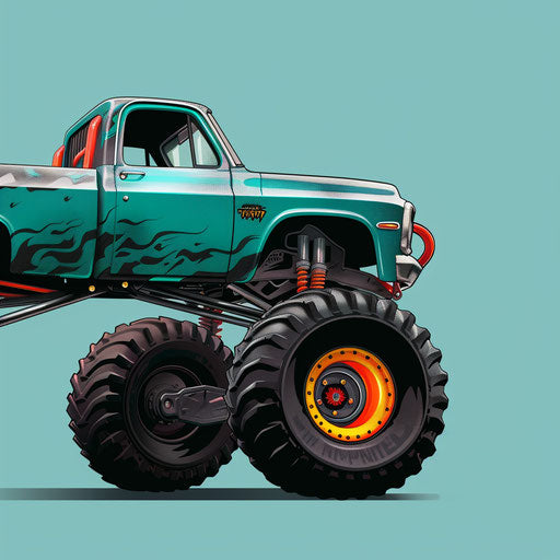 Realistic monster truck clip art with teal flat background