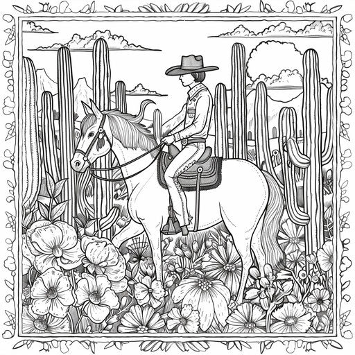 Whimsical cowboy riding through a floral desert in the style of Teagan White coloring book page