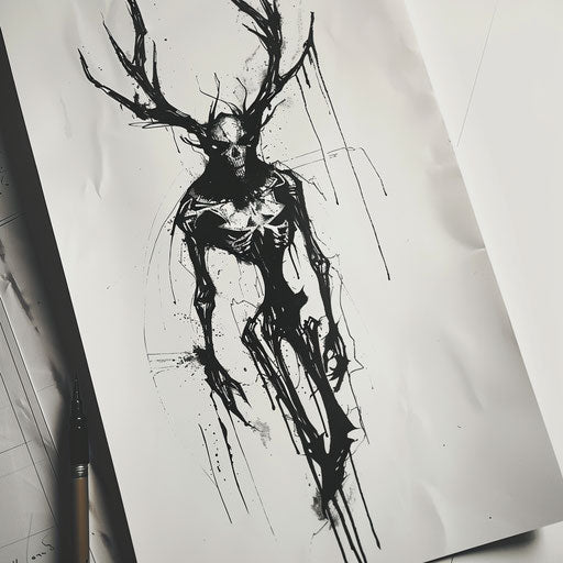 Modern flat tattoo sketch of a Wendigo with sleek, digital glitch effects