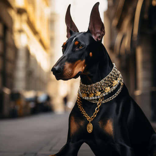 Luxurious white Doberman dog collar, light gold and dark black style