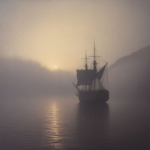 The Mayflower emerges from a thick fog, sails glowing in morning light, distant mountains barely visible