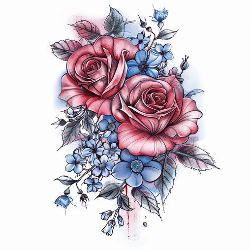 Floral tattoo with roses and forget-me-nots, love and memory