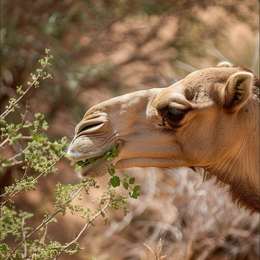Camel gnawing on desert shrubs