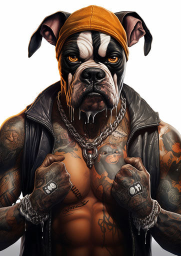 Cartoon boxer dog with tattoos, viveros style, caricature faces