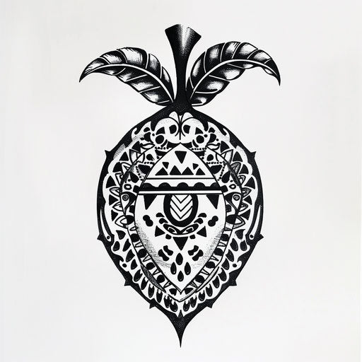 Exotic flat sketch of a jagua fruit with traditional Polynesian tattoo patterns