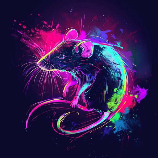 Sleek tattoo sketch of a rat in modern art style, neon colors on dark background