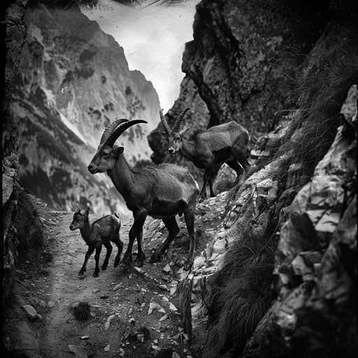 Ibex family on a rugged mountain path