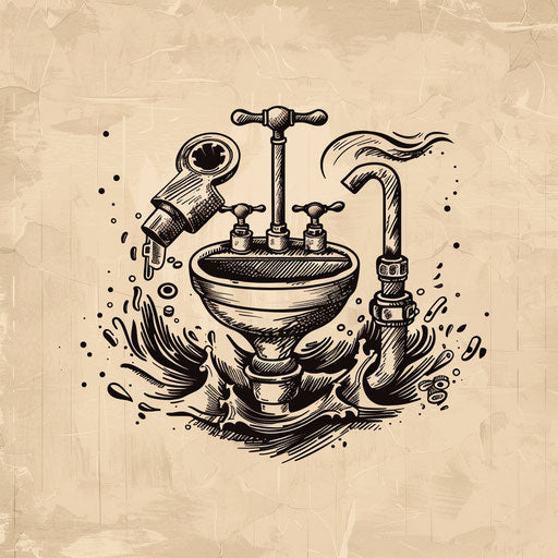 Hand-drawn plumbing logo with a rustic background and artistic elements