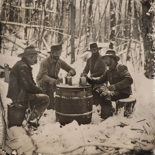 Ferrotype photo of Appalachia hillbillies drinking around copper still in snow