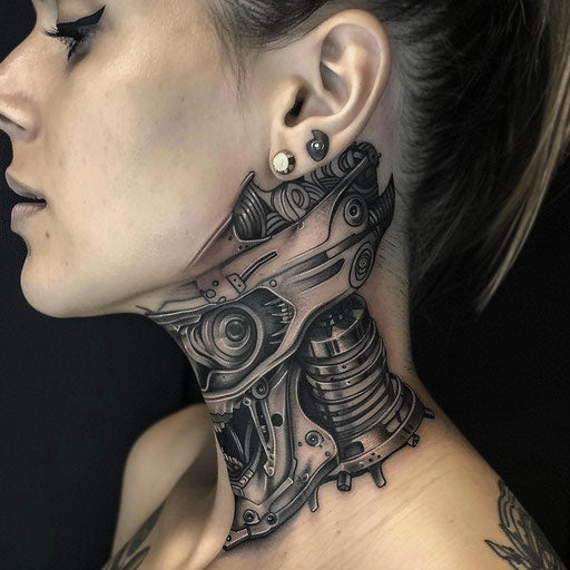 Neck tattoos for females with mechanical elements