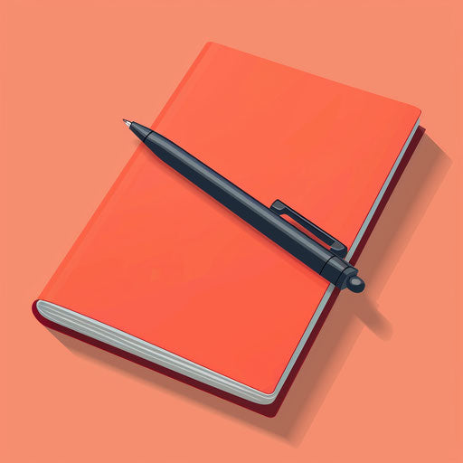 Photo realistic journal clipart on a flat, vibrant coral background