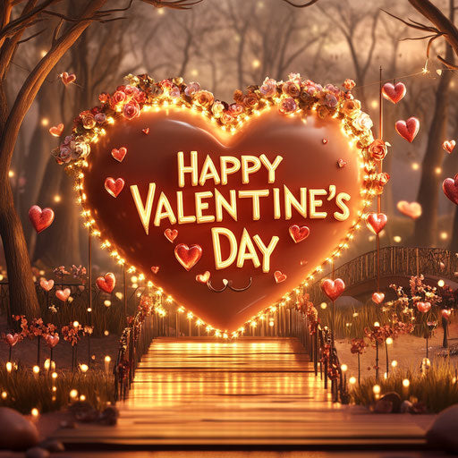 Illuminated heart-shaped sign in front of an enchanted forest