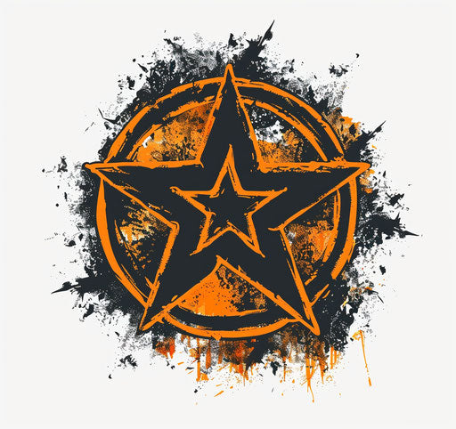 Black pentacle symbol with orange star, punk style