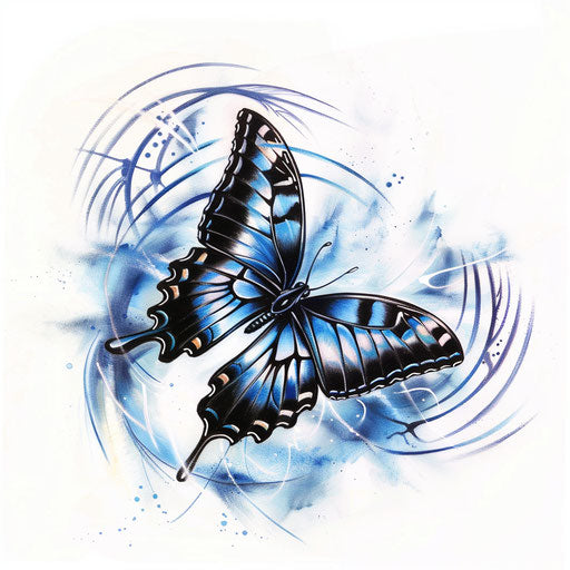 Blue butterfly in flight with blur and airbrush effect