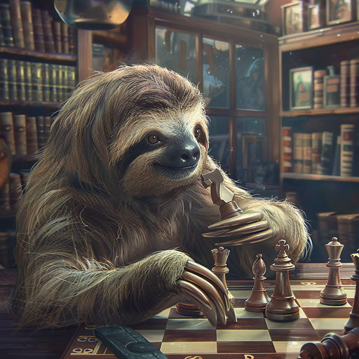 A sloth playing chess in a quiet library