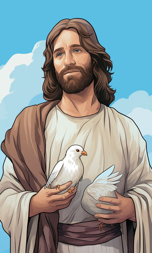 Jesus holding a dove in a black and white realistic style