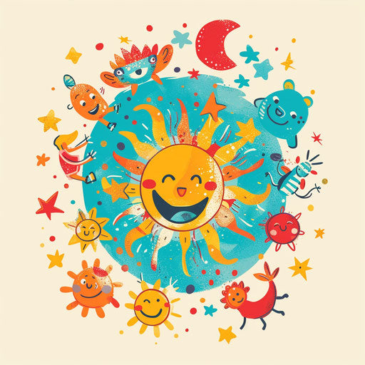 Children's toy store logo with animated toys dancing around a joyful sun