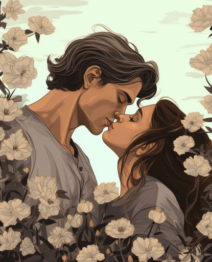 Couple kissing in front of flowers, light gray and dark brown style, cute and dreamy