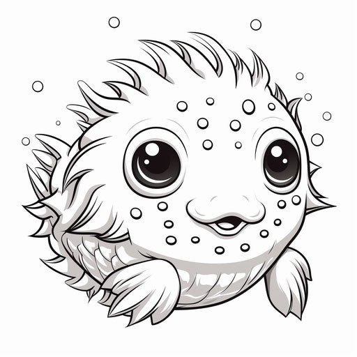 Coloring page of a cute little puffer fish with big eyes