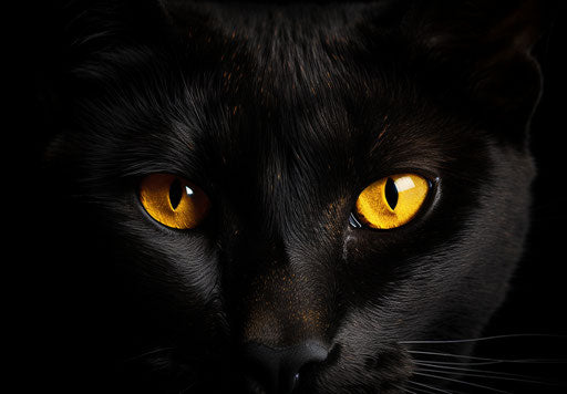 Black cat on black background with yellow eyelets, dark gold and dark bronze style, serene faces, poetic