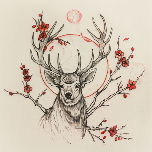 Traditional Japanese deer tattoo with cherry blossoms
