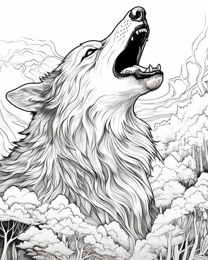 Howling wolf drawing, art nouveau style, psychedelic illustration