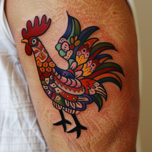 Mexican folk art inspired rooster tattoo, colorful and symbolic